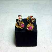 Gold Ruby Huggie Hoop Earrings 22k