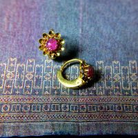 Gold Ruby Huggie Hoop Earrings 22k
