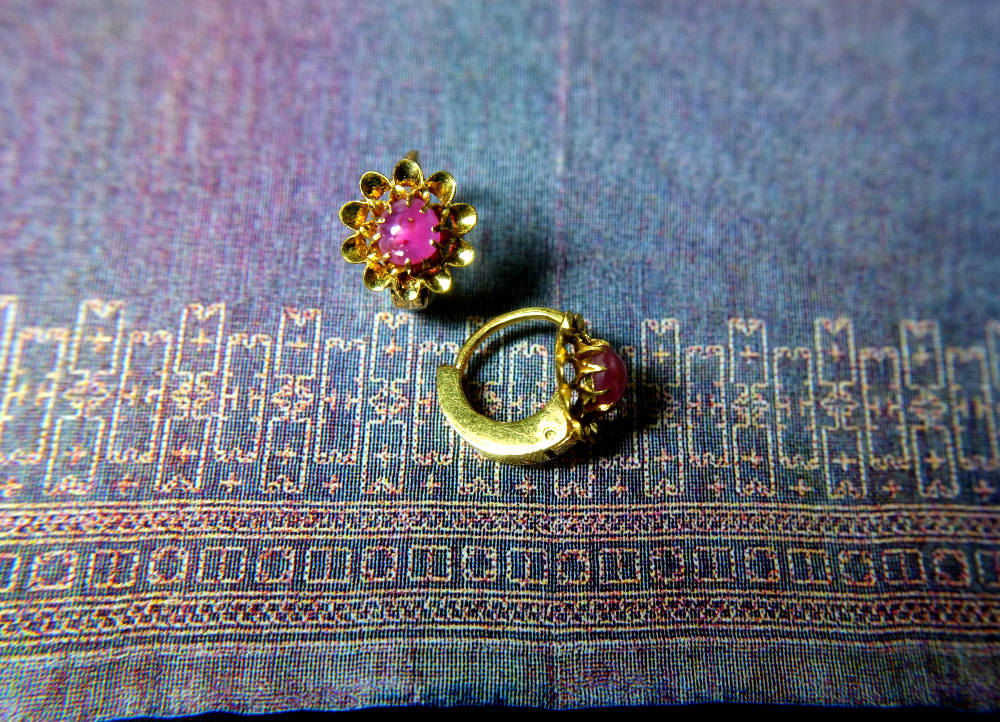 Gold Ruby Huggie Hoop Earrings 22k