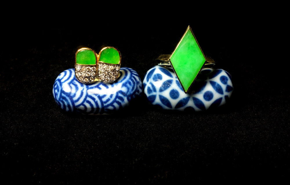 Natural Apple Green Jade Gold Ring, 14k Antique Chinese Jewelry