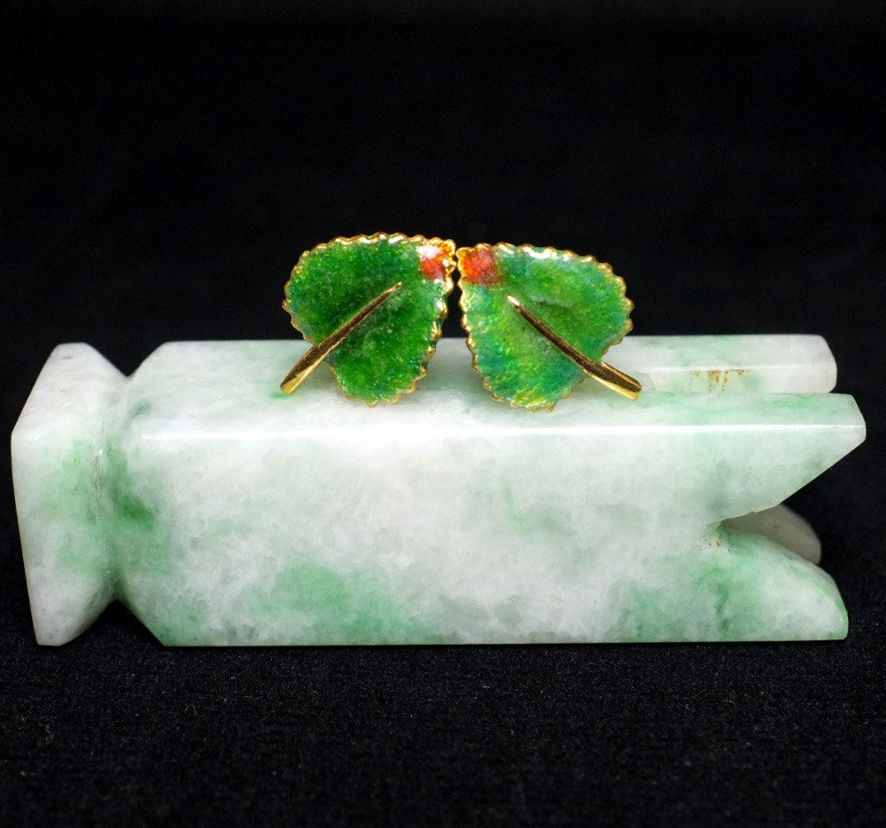 22k Chinese Enamel Leaf Stud Earrings Vintage