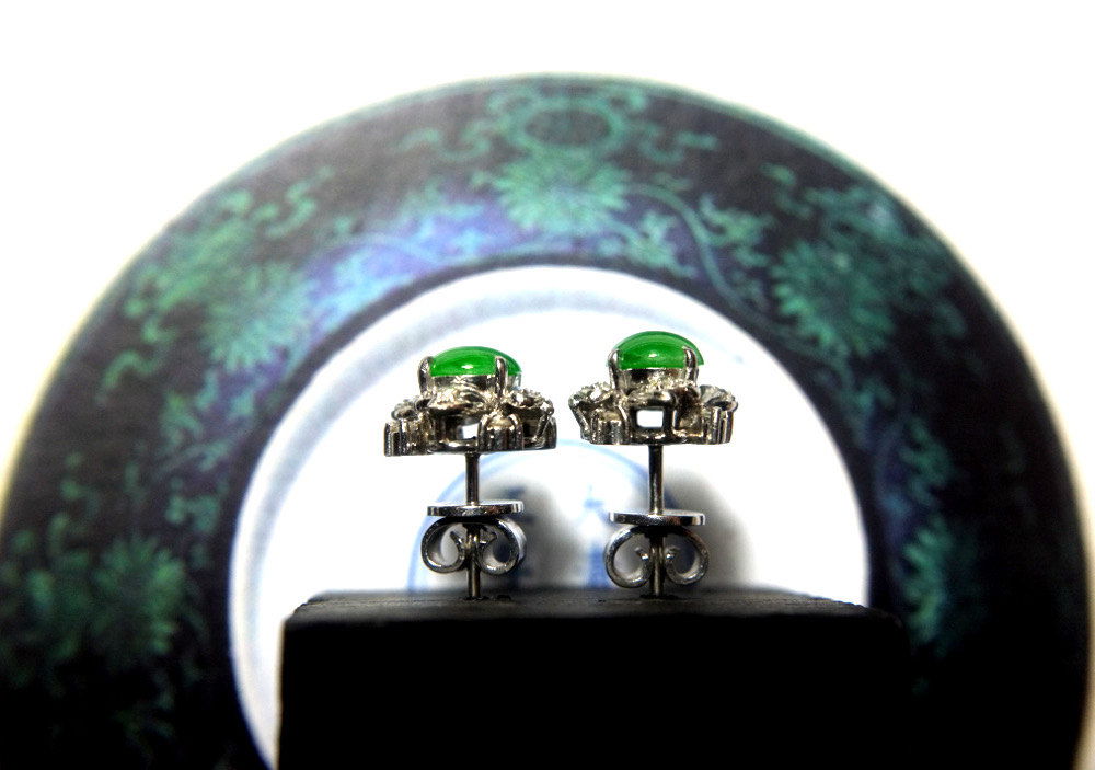 Antique White Gold Jade Diamond Earrings 18k Chinese Jewellery
