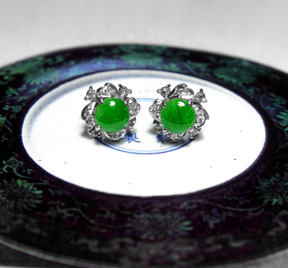 Antique White Gold Jade Diamond Earrings 18k Chinese Jewellery