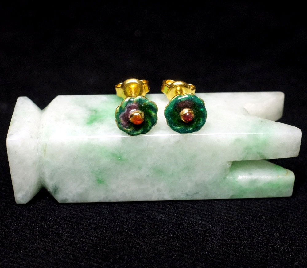 Vintage Enamel Flower Stud Earrings 22k Chinese