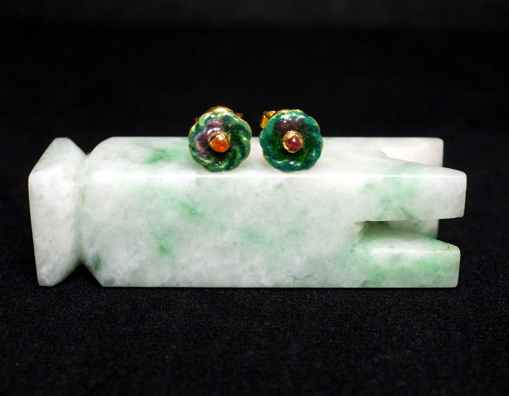 Vintage Enamel Flower Stud Earrings 22k Chinese