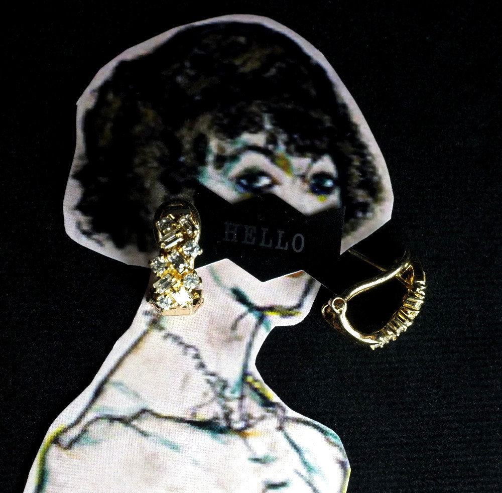 18k Baguette Diamond Half Hoop Earrings, Vintage Chinese