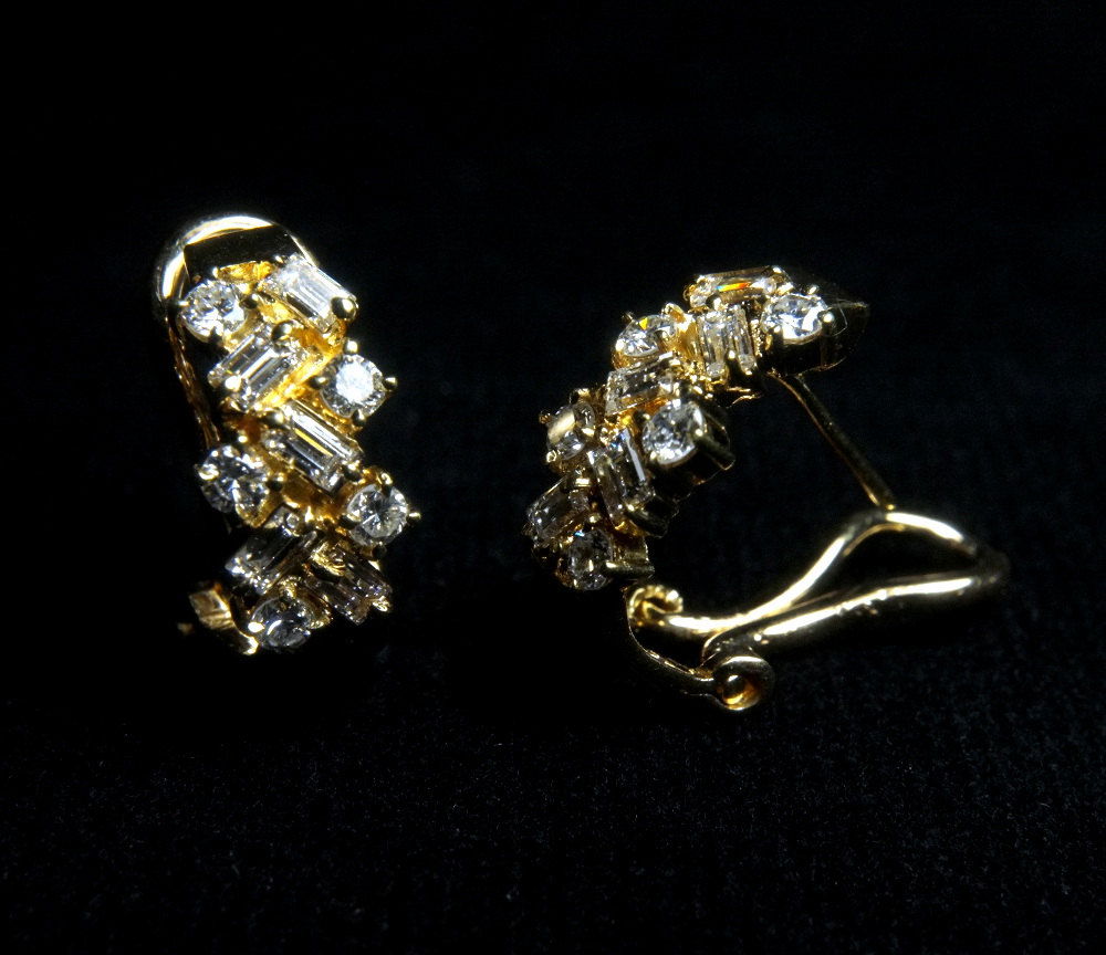 18k Baguette Diamond Half Hoop Earrings, Vintage Chinese