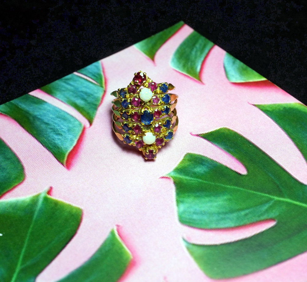 Multi Stone Harem Ring 18k Sapphire Opal Ruby Vintage