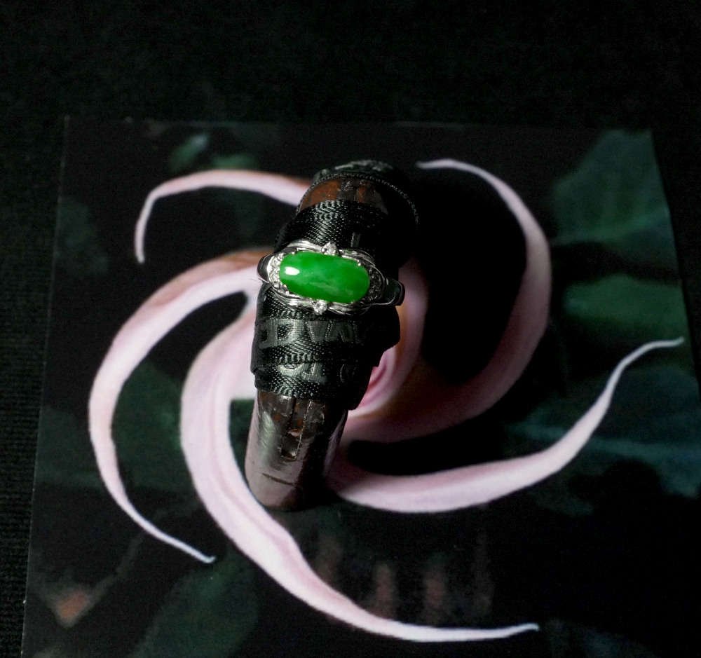 Vintage Chinese Dark Green Jade Ring, 18k White Gold