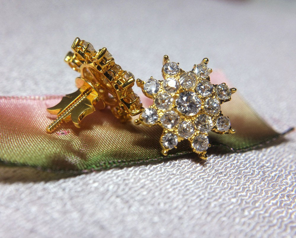 Old European Cut Diamond Earrings, Antique Peranakan