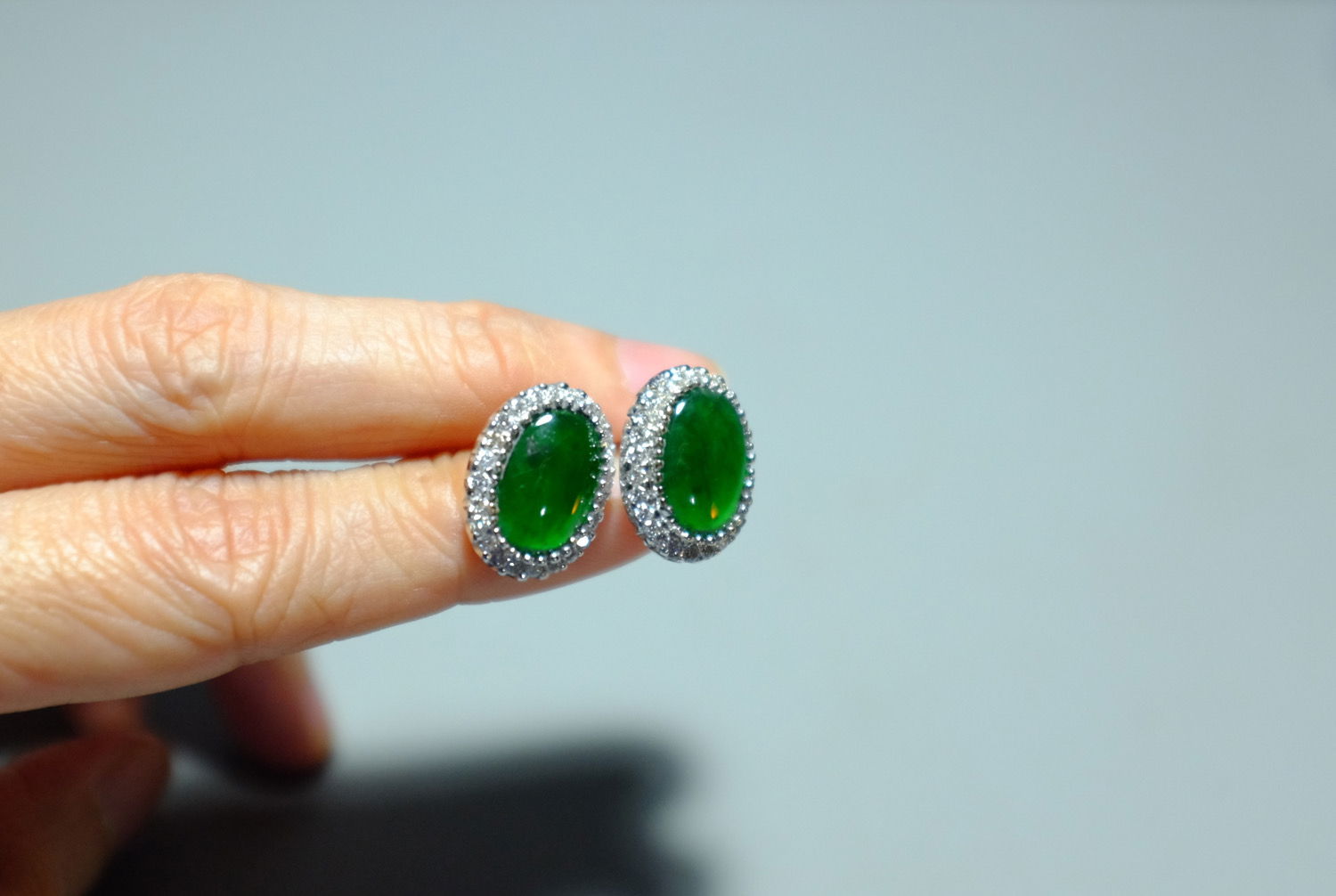 Gem Gardener, imperial green jade earrings, oval jade stud earrings, imperial jade diamond earrings, white gold jade earrings, jade earrings Singapore