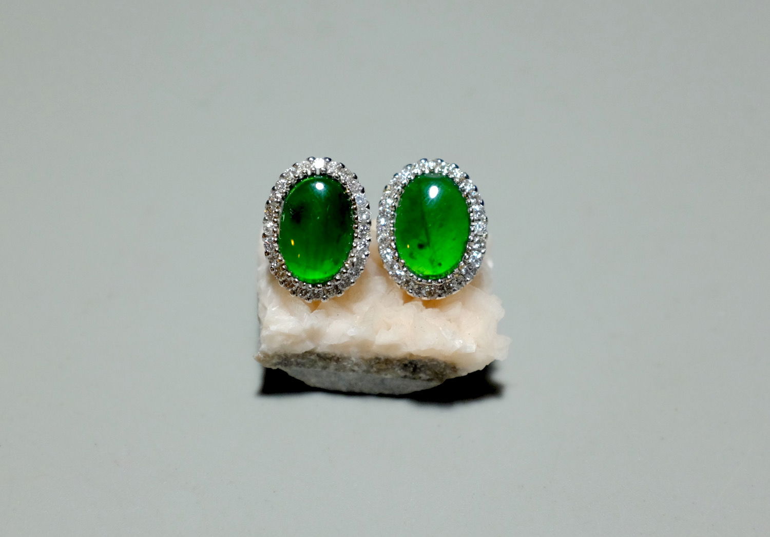 Gem Gardener, imperial green jade earrings, oval jade stud earrings, imperial jade diamond earrings, white gold jade earrings, jade earrings Singapore