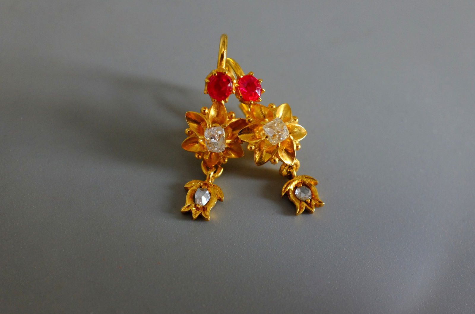 Gem Gardener, ruby drop earrings gold, antique ruby drop earrings, small ruby drop earrings, Peranakan earrings Singapore, antique dormeuse earrings, antique asian gold jewelry, ruby earrings singapore