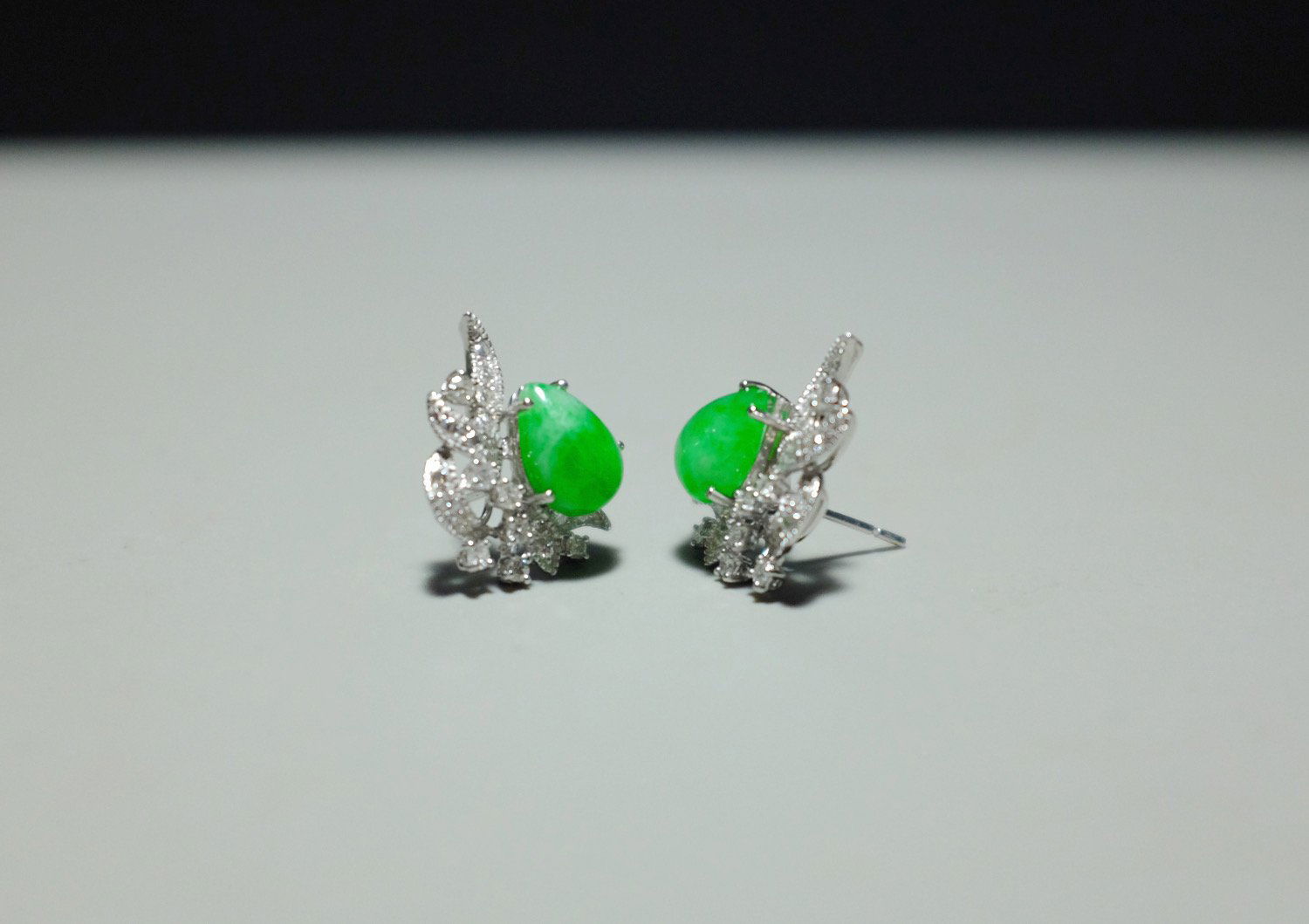 Gem Gardener, teardrop earrings gold, antique style earrings studs, white gold jade earrings, apple green jade earrings, jade earrings Singapore