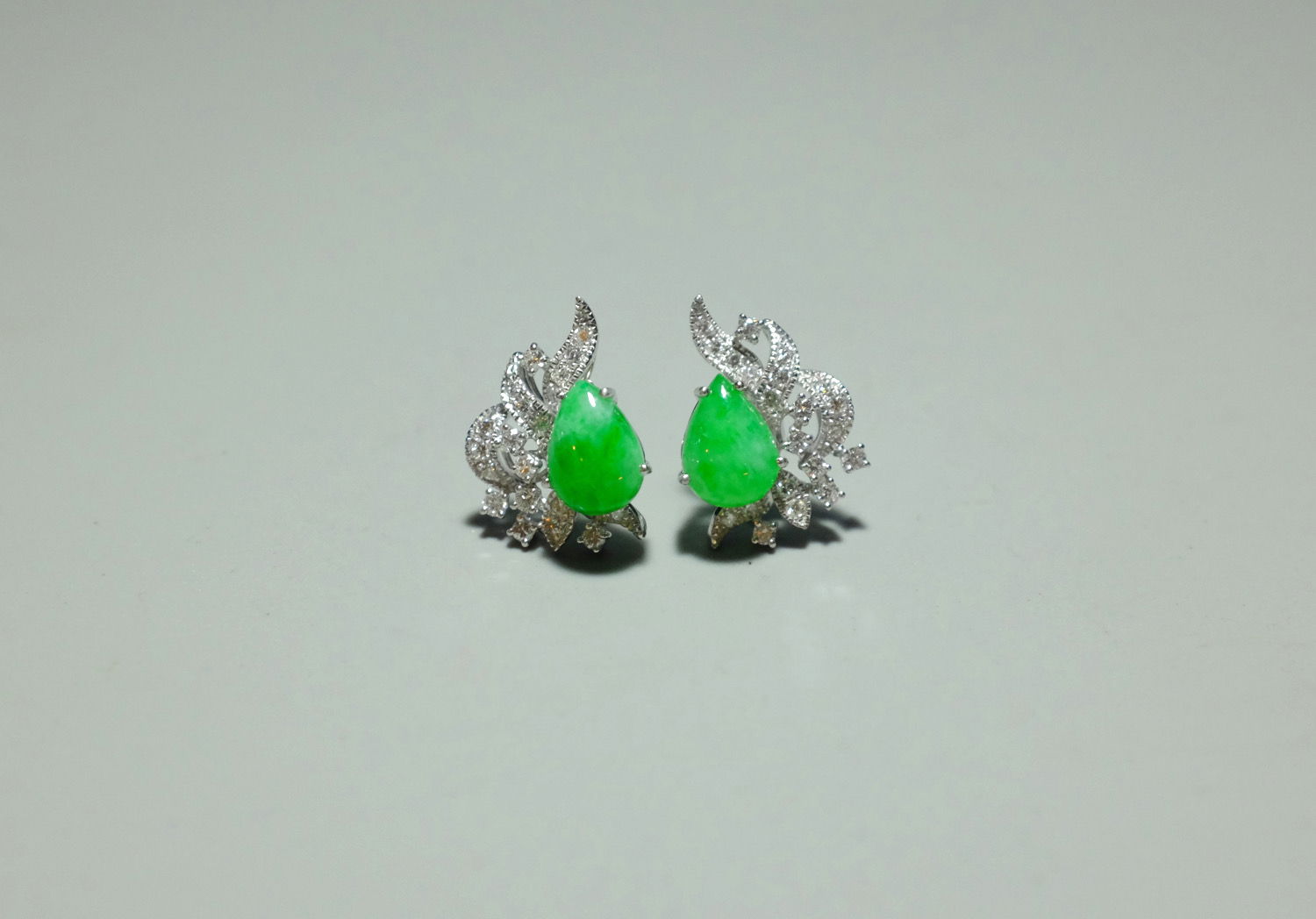 Gem Gardener, teardrop earrings gold, antique style earrings studs, white gold jade earrings, apple green jade earrings, jade earrings Singapore