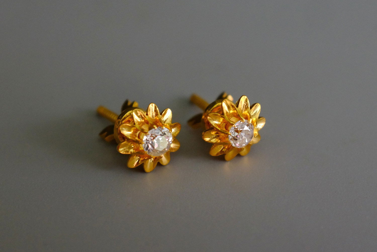 Gem Gardener, antique diamond flower studs gold, antique diamond studs, Old European diamond earrings, Peranakan earrings Singapore, vintage diamond stud earrings Singapore, antique diamond stud earrings, antique chinese earrings