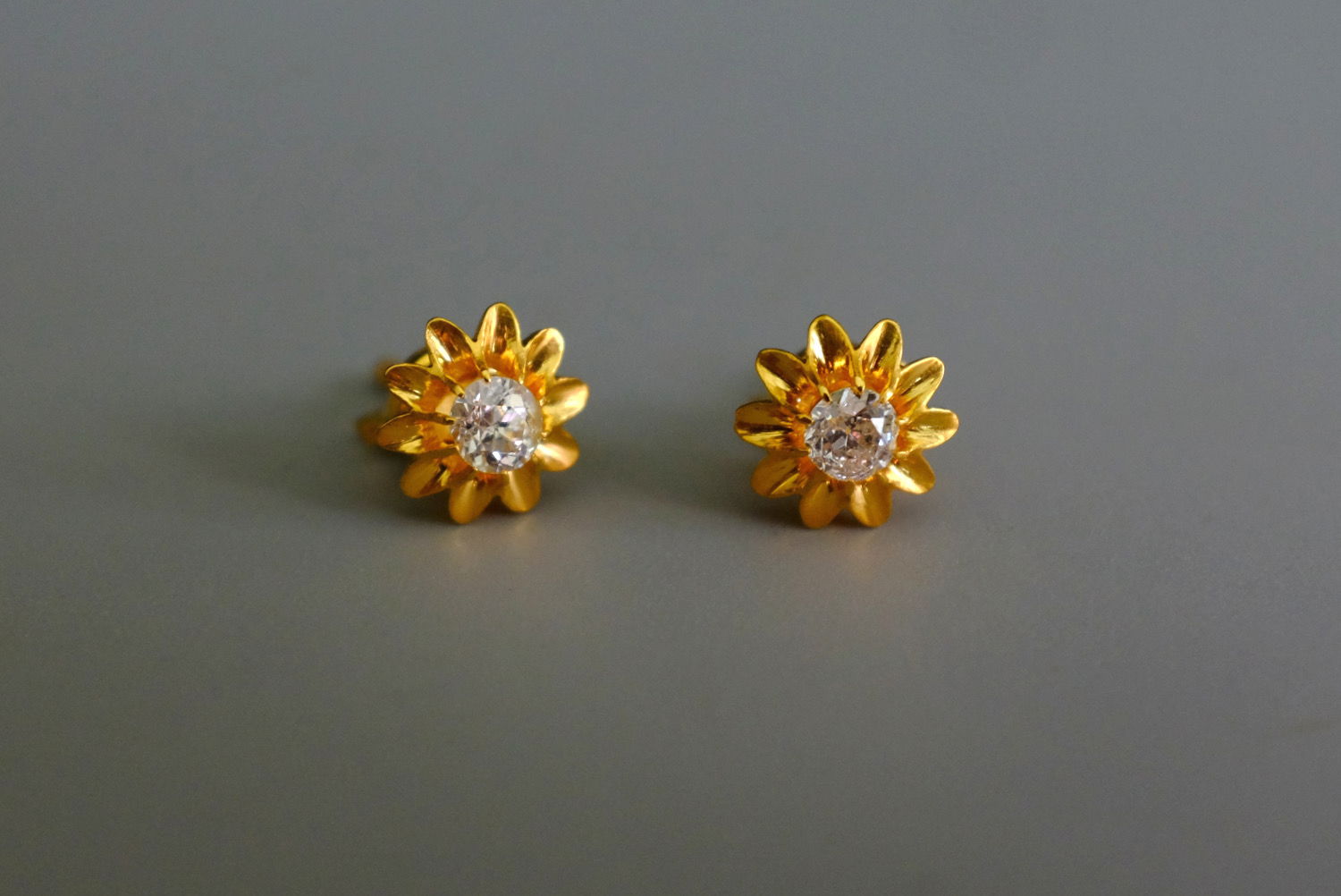 Gem Gardener, antique diamond flower studs gold, antique diamond studs, Old European diamond earrings, Peranakan earrings Singapore, vintage diamond stud earrings Singapore, antique diamond stud earrings, antique chinese earrings