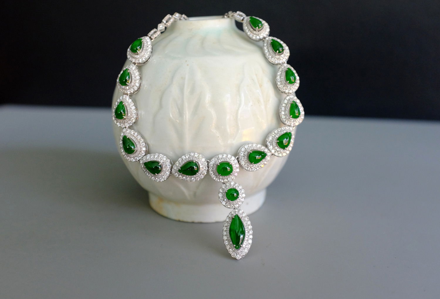 Gem Gardener, jade diamond necklace, imperial green jade necklace, jade necklace singapore, art deco jade necklace, statement necklace singapore, jade jewellery Singapore, natural jadeite jade necklace