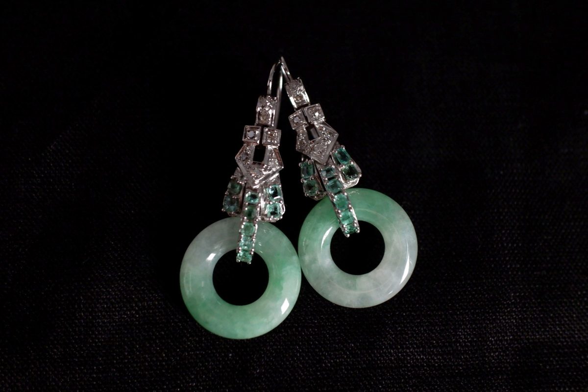 GIA Art Deco Jade Donut Earrings Platinum