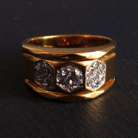 Gem Gardener, mens wide band diamond ring, mens vintage gold rings, vintage diamond mens rings, three diamond mens ring