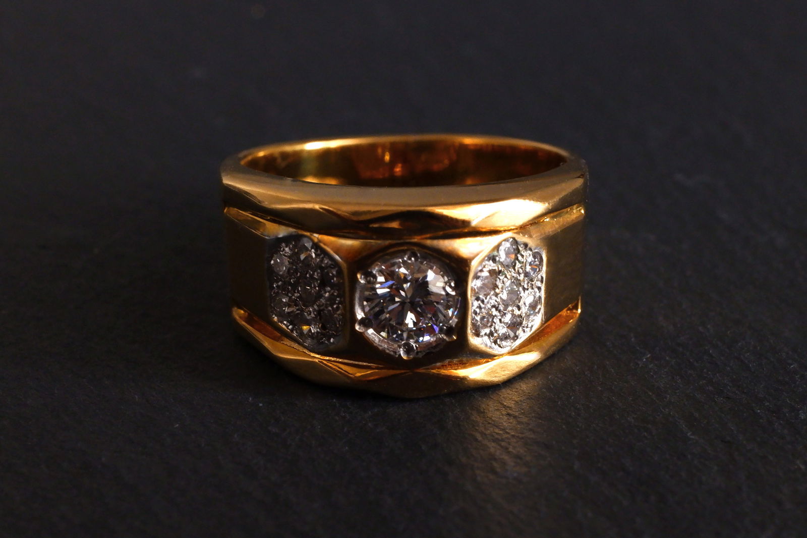Gem Gardener, mens wide band diamond ring, mens vintage gold rings, vintage diamond mens rings, three diamond mens ring