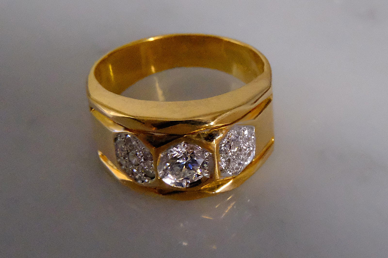Gem Gardener, mens wide band diamond ring, mens vintage gold rings, vintage diamond mens rings, three diamond mens ring
