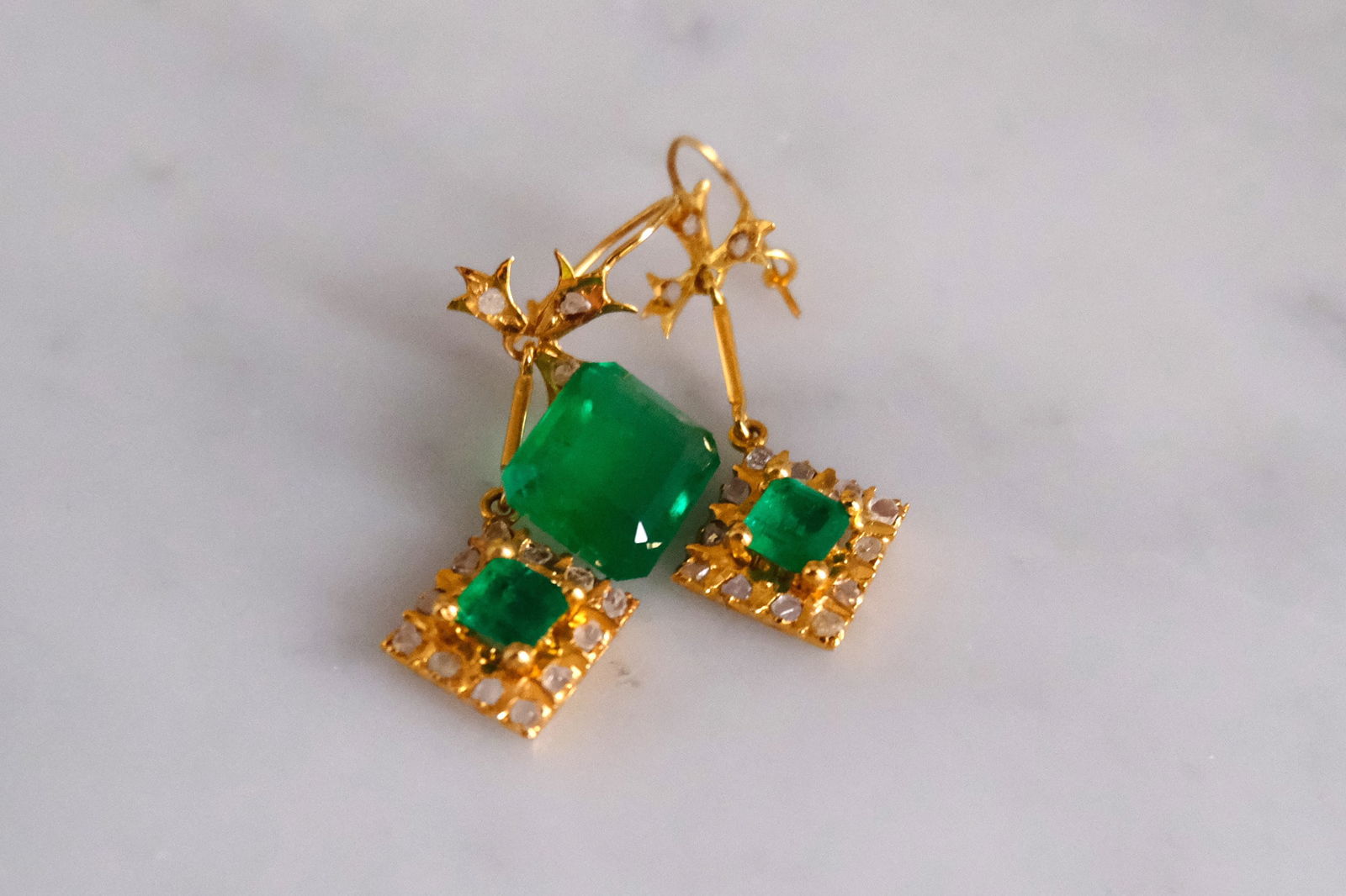 Gem Gardener, small antique drop earrings, small antique emerald earrings, small emerald and diamond earrings, emerald earrings singapore, peranakan earrings singapore