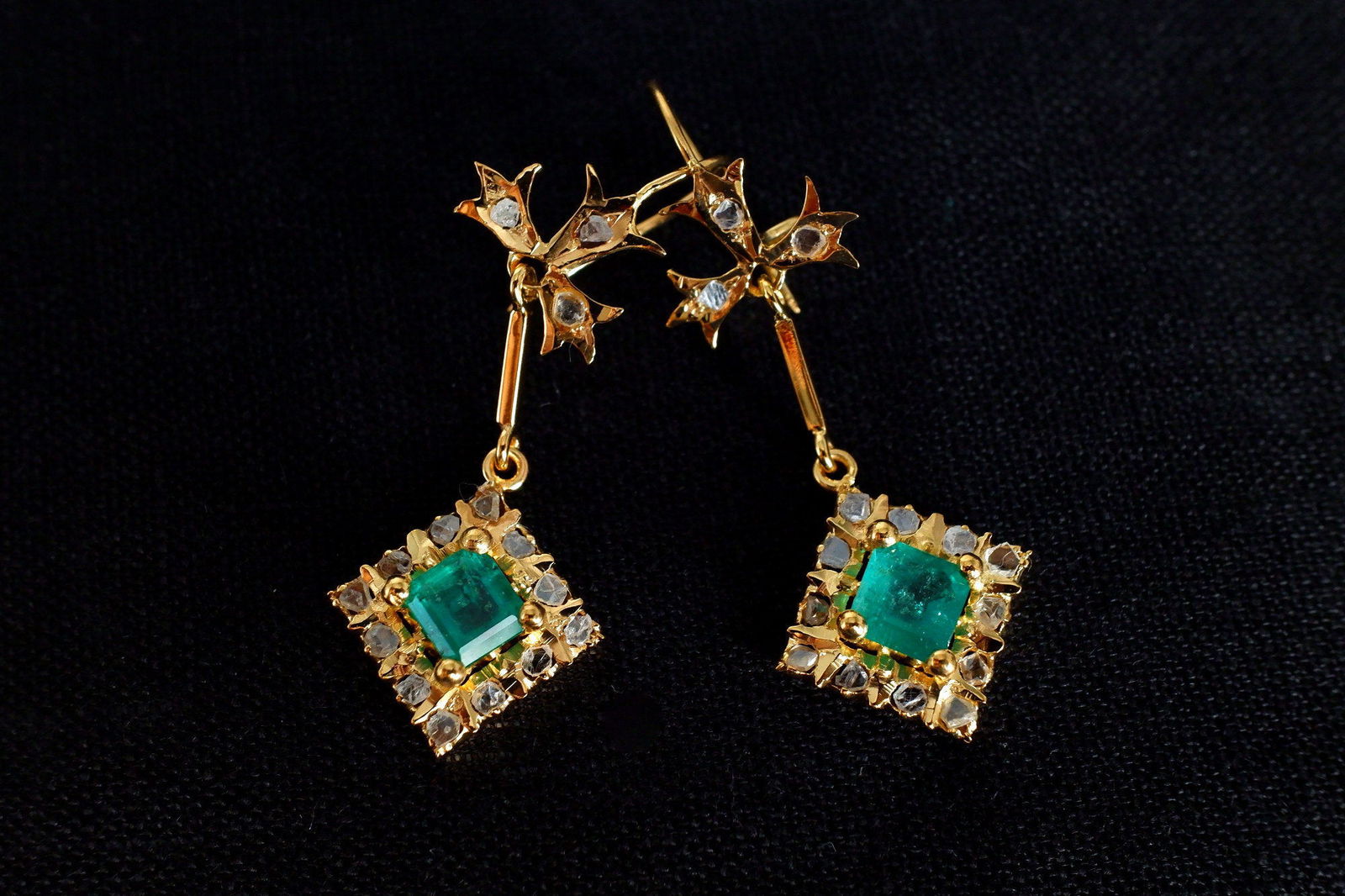 Gem Gardener, small antique drop earrings, small antique emerald earrings, small emerald and diamond earrings, emerald earrings singapore, peranakan earrings singapore
