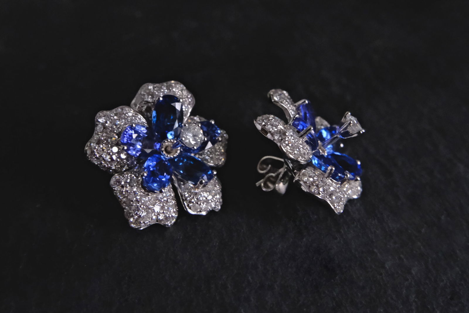 Gem Gardener, blue sapphire flower earrings, big flower earrings studs, sapphire statement earrings, flower earrings singapore, sapphire diamond flower earrings, vintage jewellery singapore, antique jewellery singapore, flower jacket earrings, earring jackets diamond studs