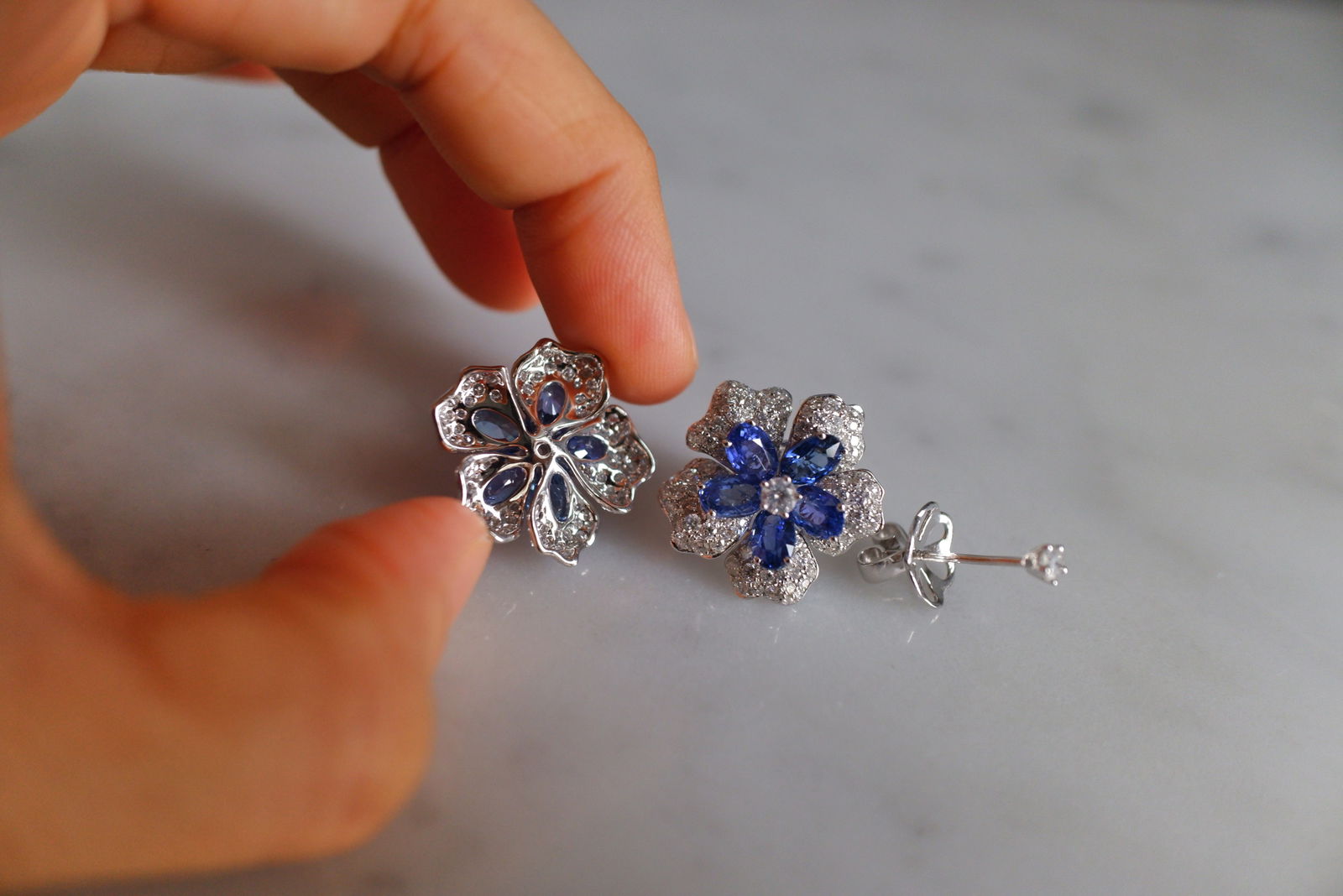 Blue Sapphire Flower Earrings Cluster 18k Gem Gardener