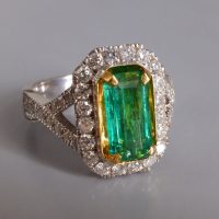 Long Art Deco Emerald Halo Ring 18k Vintage