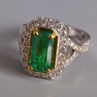 Long Art Deco Emerald Halo Ring 18k Vintage