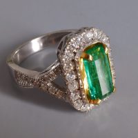 Long Art Deco Emerald Halo Ring 18k Vintage