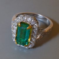 Long Art Deco Emerald Halo Ring 18k Vintage