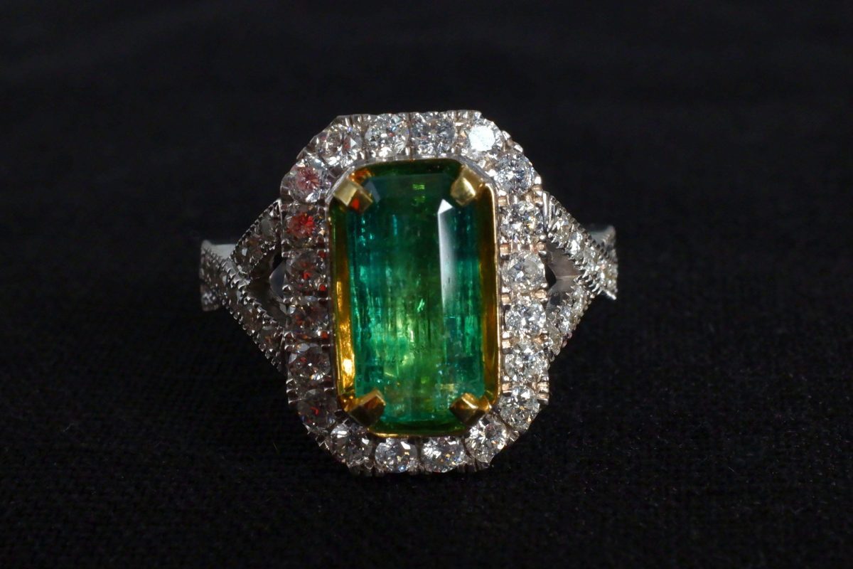 Long Art Deco Emerald Halo Ring 18k Vintage