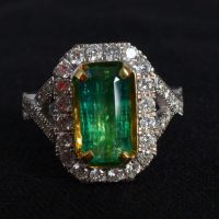 Long Art Deco Emerald Halo Ring 18k Vintage