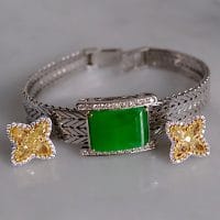 Gem Gardener, 18k white gold jade bracelet, imperial green jade bracelet, modern jade bracelet, modern jade jewellery Singapore, jadeite jade bangle bracelet, apple green jade bracelet, jade bracelet singapore, art deco jade bracelet, vintage chinese gold jewelry, art deco jade jewelry, jade bracelet singapore