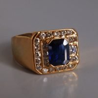 Blue Sapphire Diamond Pinky Ring Men 18k Vintage