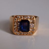 Blue Sapphire Diamond Pinky Ring Men 18k Vintage