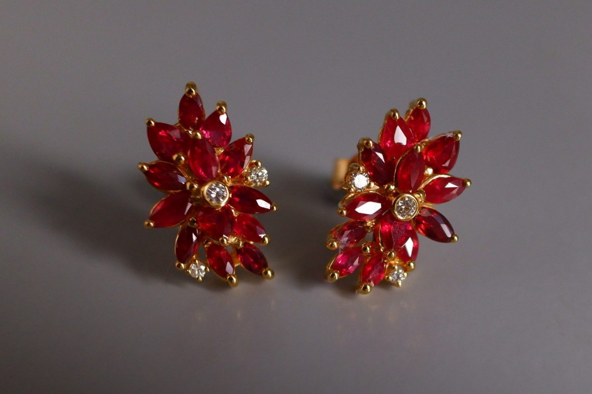 Gem Gardener, ruby earrings singapore, flower earrings singapore, ruby stud earrings gold, ruby wedding anniversary earrings, unique earrings singapore, statement earrings singapore, cocktail earrings singapore, red ruby earrings singapore, ruby jewellery singapore