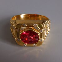 Vivid Red Pink Orange Spinel Ring Men 20k Vintage