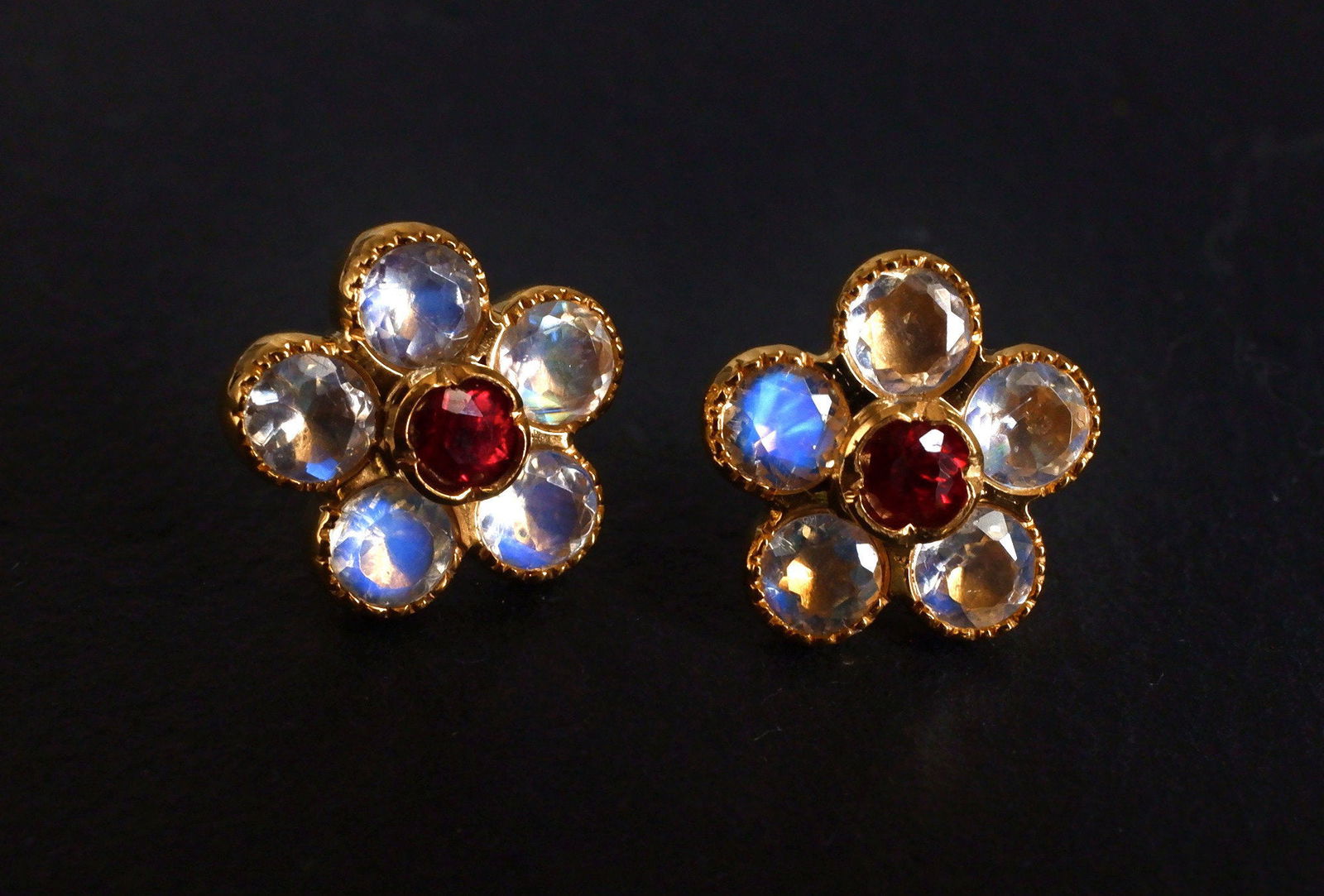 Gem Gardener, moonstone gold earrings, moonstone stud earrings gold, flower shaped earrings studs, moonstone earrings singapore, moonstone statement earrings