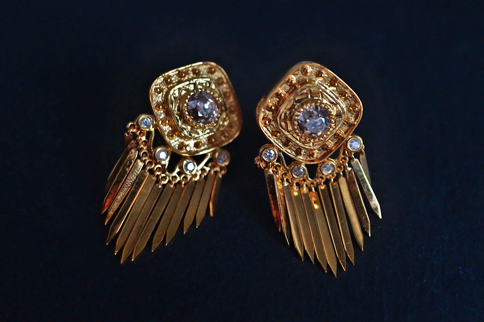Gem Gardener, antique gold indian earrings, vintage earrings singapore, mine cut diamond earrings, gold tassel earrings, gold etruscan revival earrings, statement earrings singapore, diamond earrings singapore, vintage jewellery singapore