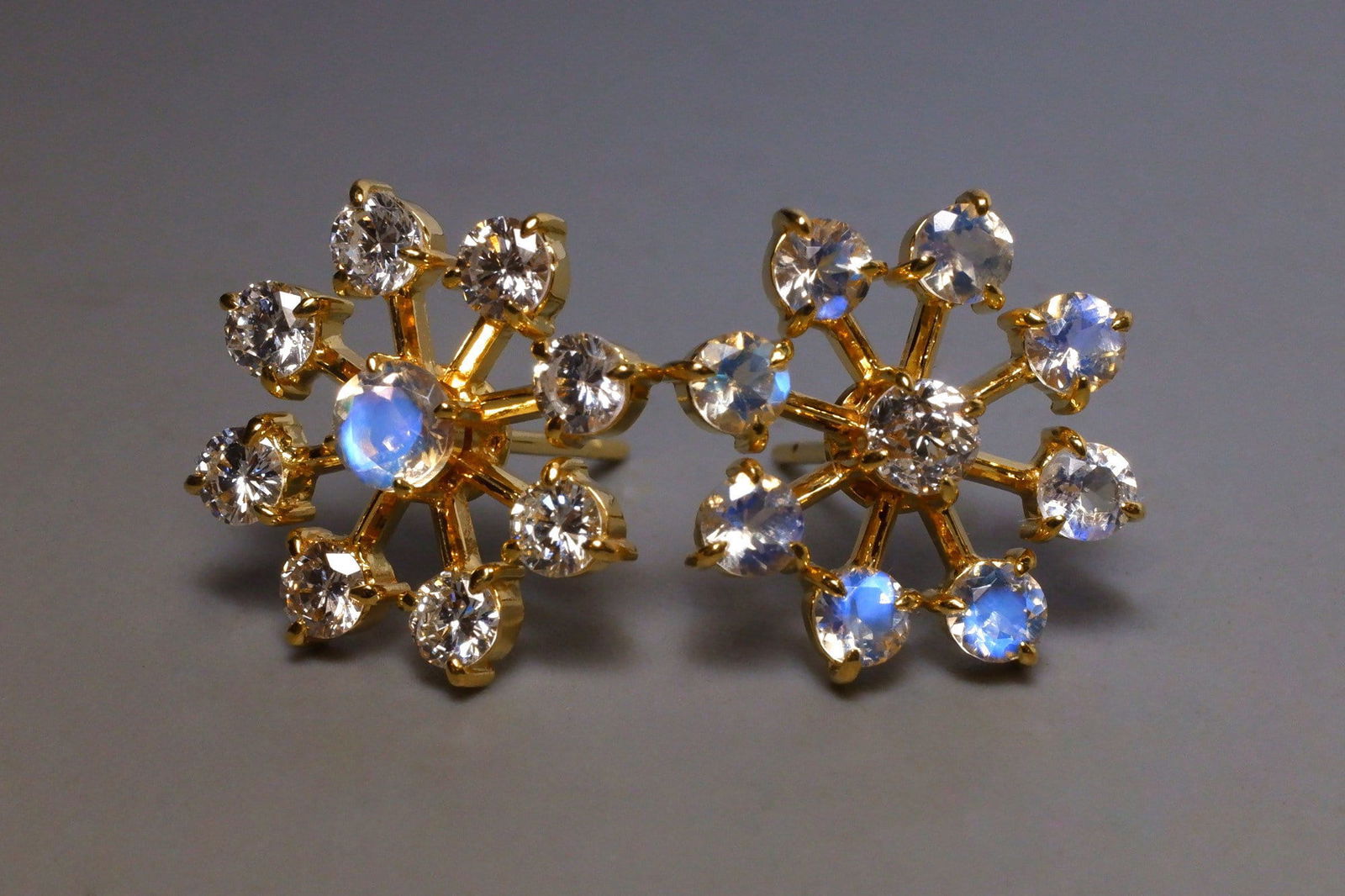 Gem Gardener, moonstone earrings singapore, moonstone gold earrings, gold diamond snowflake earrings, flower earrings singapore, moonstone diamond earrings, statement earrings singapore, moonstone jewellery singapore