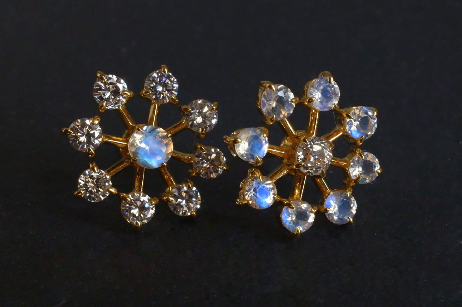 Gem Gardener, moonstone earrings singapore, moonstone gold earrings, gold diamond snowflake earrings, flower earrings singapore, moonstone diamond earrings, statement earrings singapore, moonstone jewellery singapore