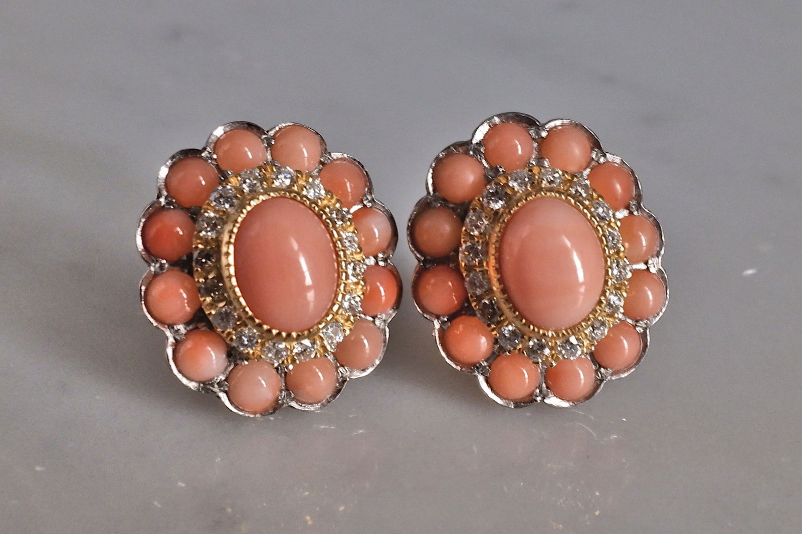 Coral Diamond Earrings, angel skin coral earrings, imperial jewellery, antique coral earrings for sale, conch pearl earrings, Gem Gardener