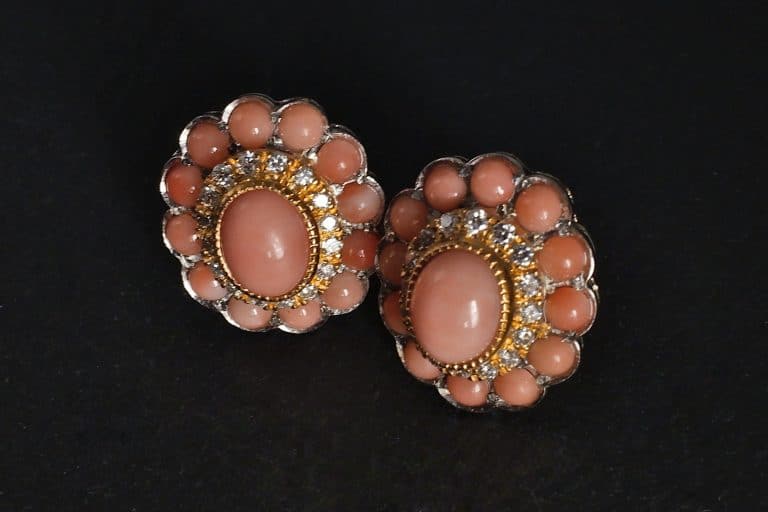 Coral Diamond Earrings, angel skin coral earrings, imperial jewellery, antique coral earrings for sale, conch pearl earrings, Gem Gardener