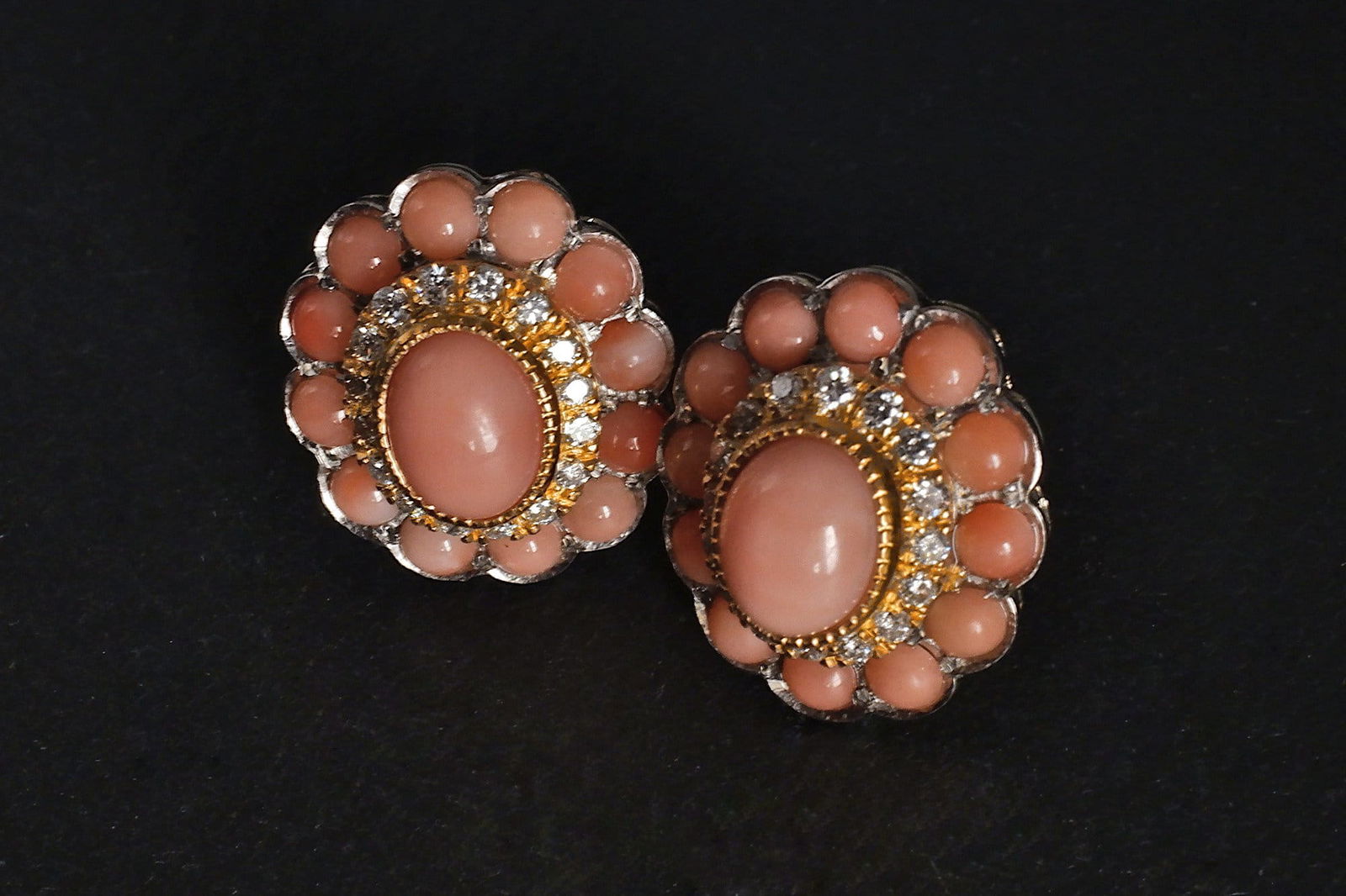 Coral Diamond Earrings, angel skin coral earrings, imperial jewellery, antique coral earrings for sale, conch pearl earrings, Gem Gardener