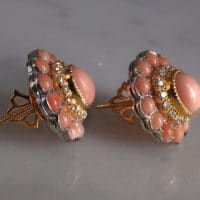 Coral Diamond Earrings, angel skin coral earrings, imperial jewellery, antique coral earrings for sale, conch pearl earrings, Gem Gardener