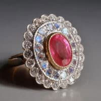Pink Sapphire Double Halo Ring, heirloom engagement rings, double halo sapphire ring, pink sapphire diamond cluster ring, sapphire diamond and moonstone ring, statement rings singapore, sapphire moonstone ring, Gem Gardener